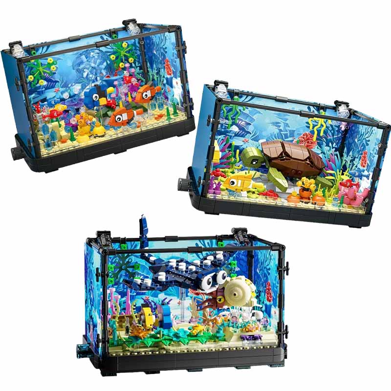 Marine Aquarium Cube - ชุดบล็อกตัวต่อตู้ปลาพร้อมไฟ，ตู้ปลา，เต่าทะเล，ของเล่นตัวต่อสำหรับเด็กอายุ 14 ปีขึ้นไป，ของขวัญ，ของตกแต่งบ้าน