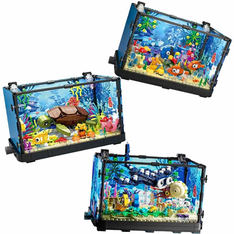 Marine Aquarium Cube - ชุดบล็อกตัวต่อตู้ปลาพร้อมไฟ，ตู้ปลา，เต่าทะเล，ของเล่นตัวต่อสำหรับเด็กอายุ 14 ปีขึ้นไป，ของขวัญ，ของตกแต่งบ้าน